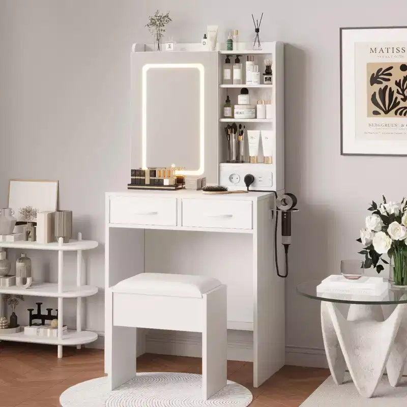 Makeup Vanity Desk with Mirror and Lights, Vanity Table Set with Charging Station, Dressing Table with Stool, 2 Drawers, Power Outlets & USB Ports