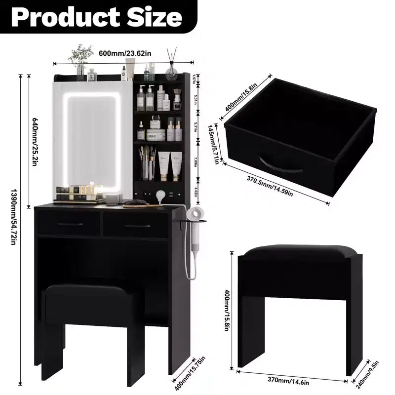 Makeup Vanity Desk with Mirror and Lights, Vanity Table Set with Charging Station, Dressing Table with Stool, 2 Drawers, Power Outlets & USB Ports