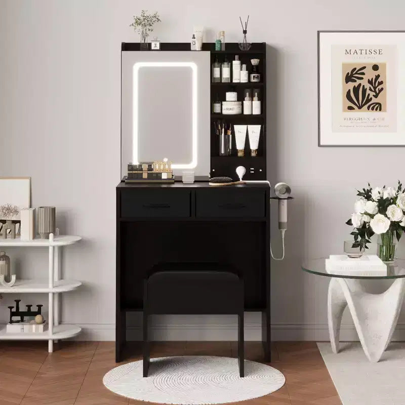 Makeup Vanity Desk with Mirror and Lights, Vanity Table Set with Charging Station, Dressing Table with Stool, 2 Drawers, Power Outlets & USB Ports