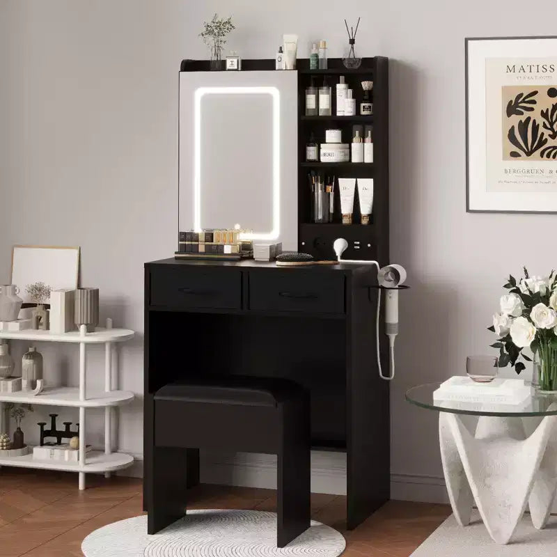 Makeup Vanity Desk with Mirror and Lights, Vanity Table Set with Charging Station, Dressing Table with Stool, 2 Drawers, Power Outlets & USB Ports