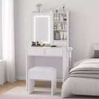 Makeup Vanity Desk with Mirror and Lights, Vanity Table Set with Charging Station, Dressing Table with Stool, 2 Drawers, Power Outlets & USB Ports