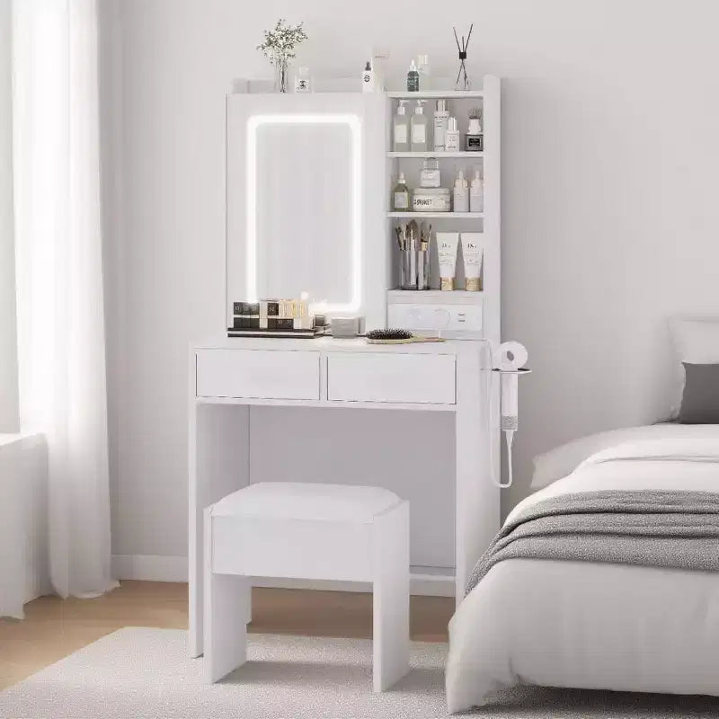 Makeup Vanity Desk with Mirror and Lights, Vanity Table Set with Charging Station, Dressing Table with Stool, 2 Drawers, Power Outlets & USB Ports