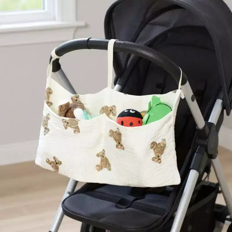 Alilang Sac Organisateur de Poussette avec Broderie Ours en Peluche et Multi-Poches 18x38cm - Beige