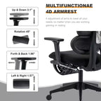 Chaise en maille noire avec repose-pieds, accoudoirs 4D, appui-tête 2D et soutien lombaire dynamique, roulettes silencieuses, prête pour la maison/le bureau