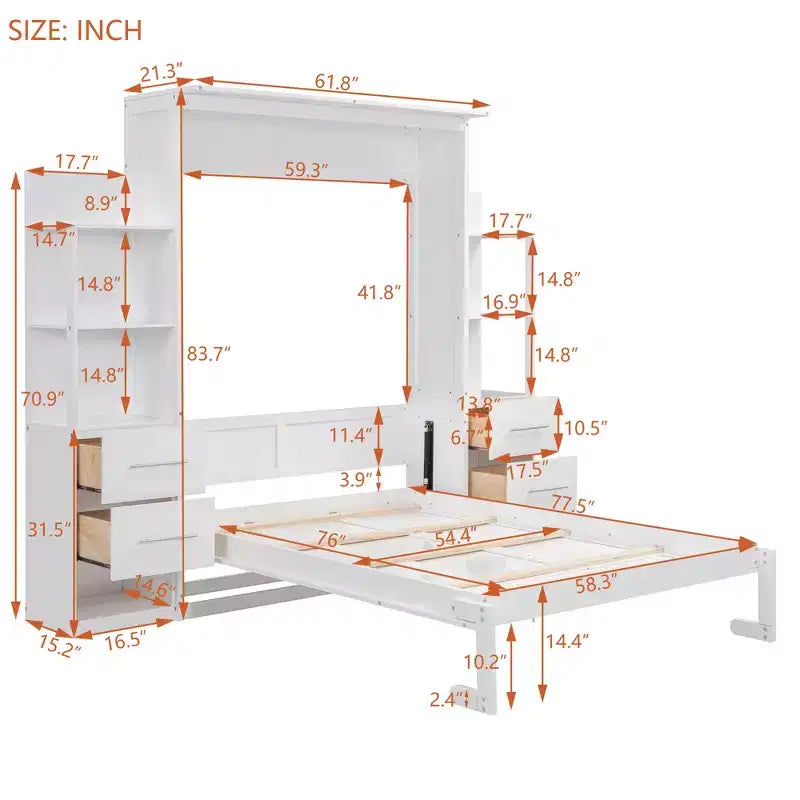 Lit escamotable mural Murphy double/grand lit avec étagères, tiroirs et lumières LED, armoire lit Murphy peu encombrante pour chambre d'amis ou bureau à domicile
