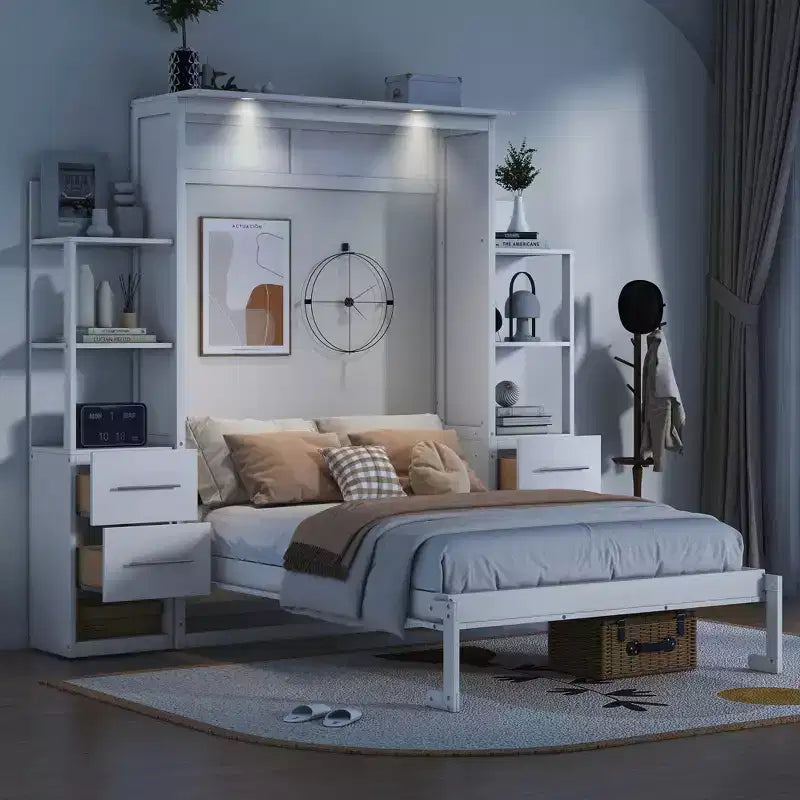 Lit escamotable mural Murphy double/grand lit avec étagères, tiroirs et lumières LED, armoire lit Murphy peu encombrante pour chambre d'amis ou bureau à domicile