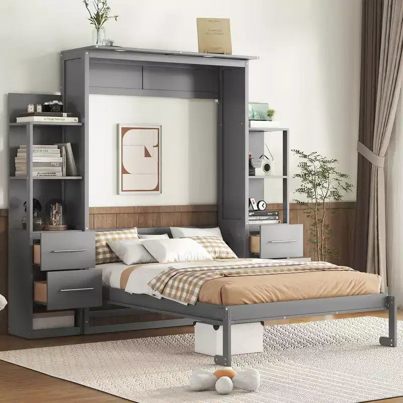 Lit escamotable mural Murphy double/grand lit avec étagères, tiroirs et lumières LED, armoire lit Murphy peu encombrante pour chambre d'amis ou bureau à domicile