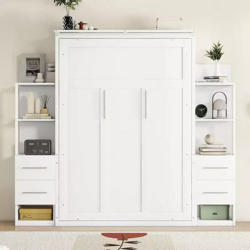 Lit escamotable mural Murphy double/grand lit avec étagères, tiroirs et lumières LED, armoire lit Murphy peu encombrante pour chambre d'amis ou bureau à domicile