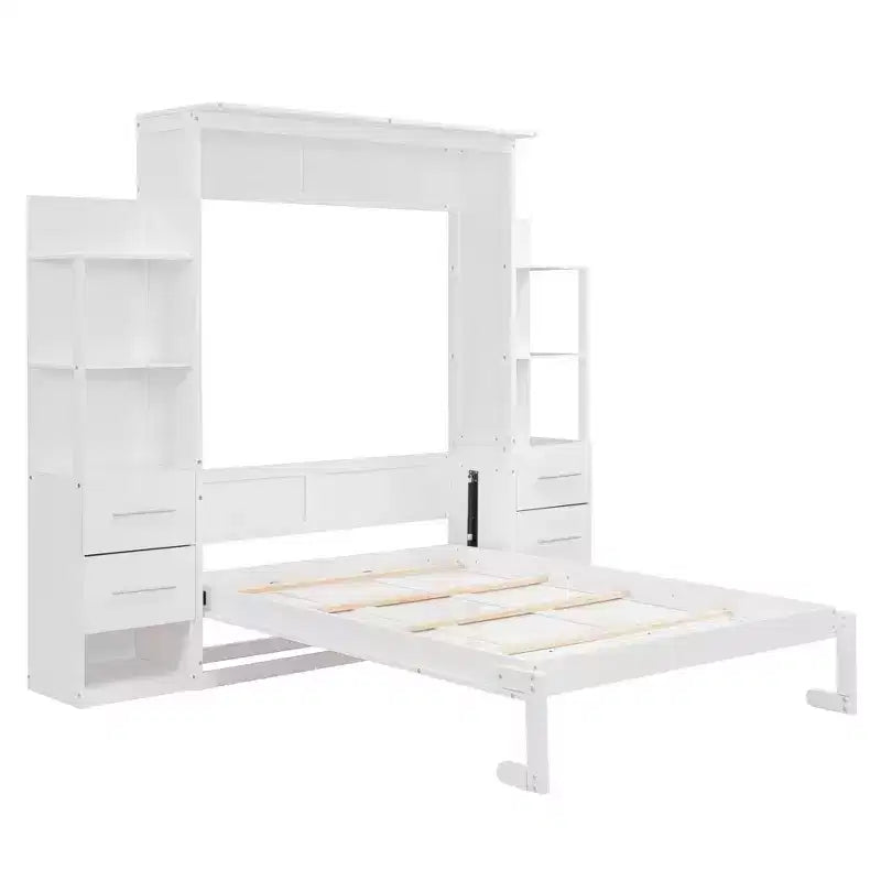 Lit escamotable mural Murphy double/grand lit avec étagères, tiroirs et lumières LED, armoire lit Murphy peu encombrante pour chambre d'amis ou bureau à domicile
