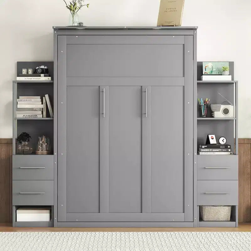 Lit escamotable mural Murphy double/grand lit avec étagères, tiroirs et lumières LED, armoire lit Murphy peu encombrante pour chambre d'amis ou bureau à domicile