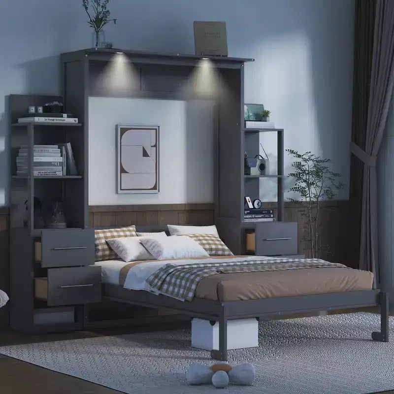 Lit escamotable mural Murphy double/grand lit avec étagères, tiroirs et lumières LED, armoire lit Murphy peu encombrante pour chambre d'amis ou bureau à domicile