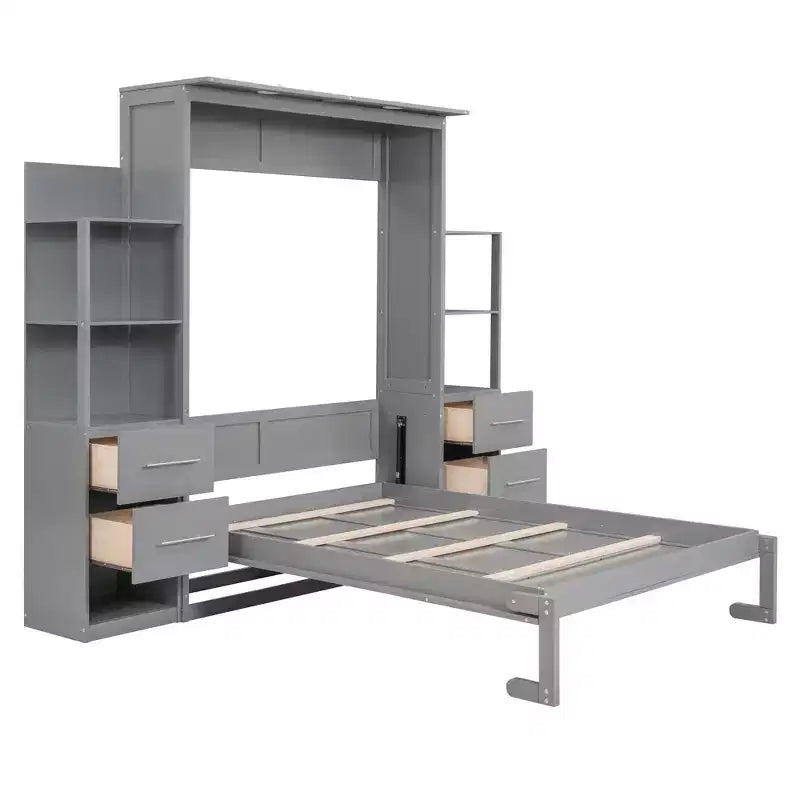 Lit escamotable mural Murphy double/grand lit avec étagères, tiroirs et lumières LED, armoire lit Murphy peu encombrante pour chambre d'amis ou bureau à domicile