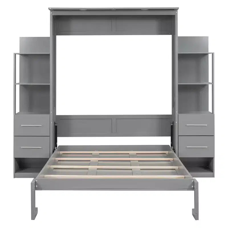 Lit escamotable mural Murphy double/grand lit avec étagères, tiroirs et lumières LED, armoire lit Murphy peu encombrante pour chambre d'amis ou bureau à domicile