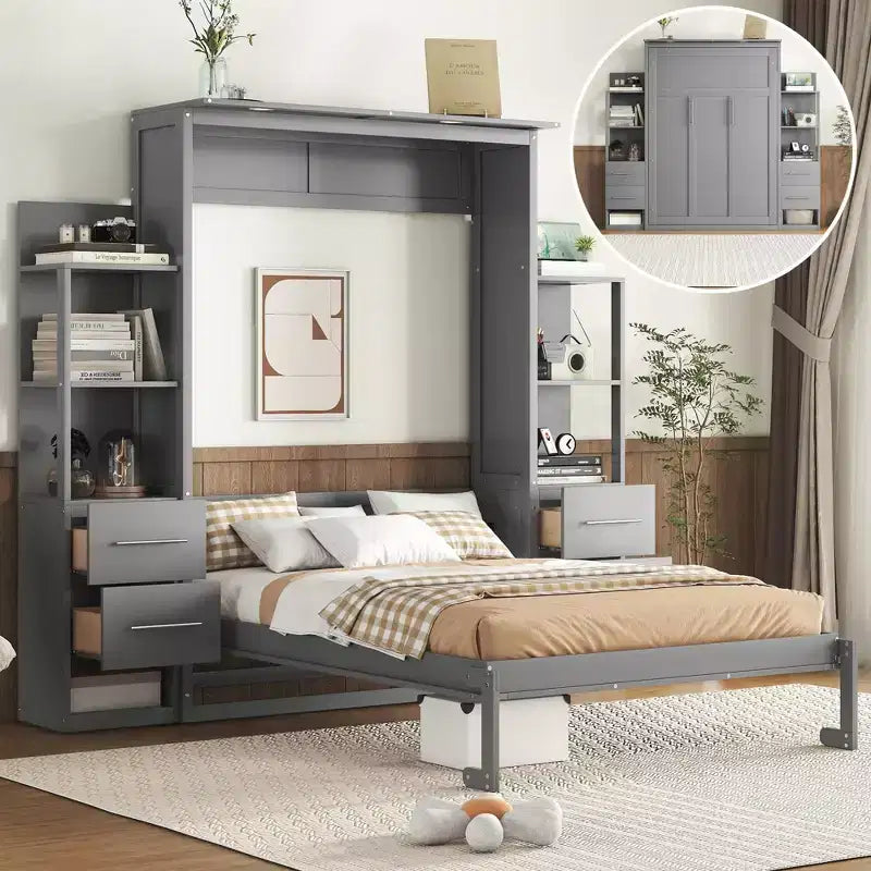 Full/Queen Murphy Bed Wall Bed with Shelves, Drawers and Led Lights, Space-Saving Murphy Bed Cabinet for Guest Room Home Office