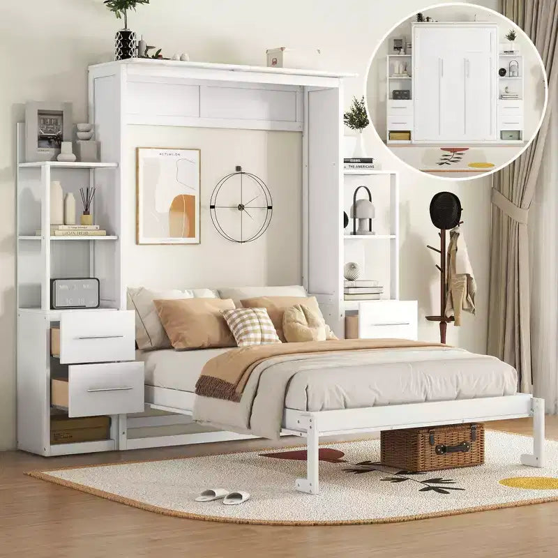 Lit escamotable mural Murphy double/grand lit avec étagères, tiroirs et lumières LED, armoire lit Murphy peu encombrante pour chambre d'amis ou bureau à domicile