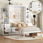 Lit escamotable mural Murphy double/grand lit avec étagères, tiroirs et lumières LED, armoire lit Murphy peu encombrante pour chambre d'amis ou bureau à domicile