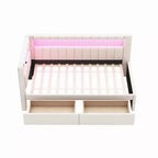 Lit de repos rembourré jumeau avec 2 tiroirs, cadre de lit de repos avec rangement, tête de lit en L, ports USB et LED