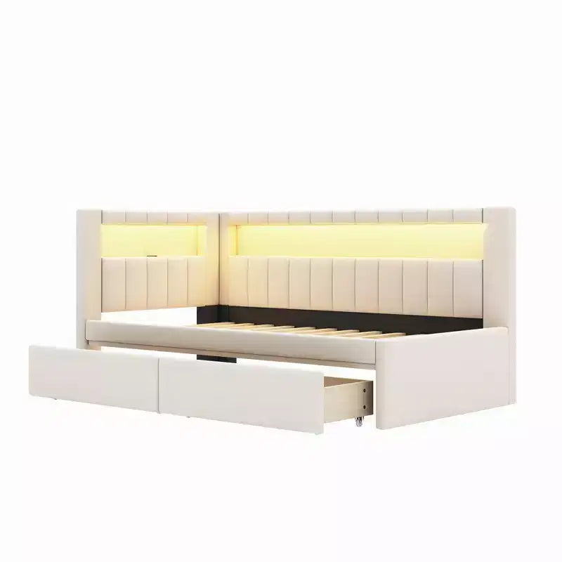 Lit de repos rembourré jumeau avec 2 tiroirs, cadre de lit de repos avec rangement, tête de lit en L, ports USB et LED