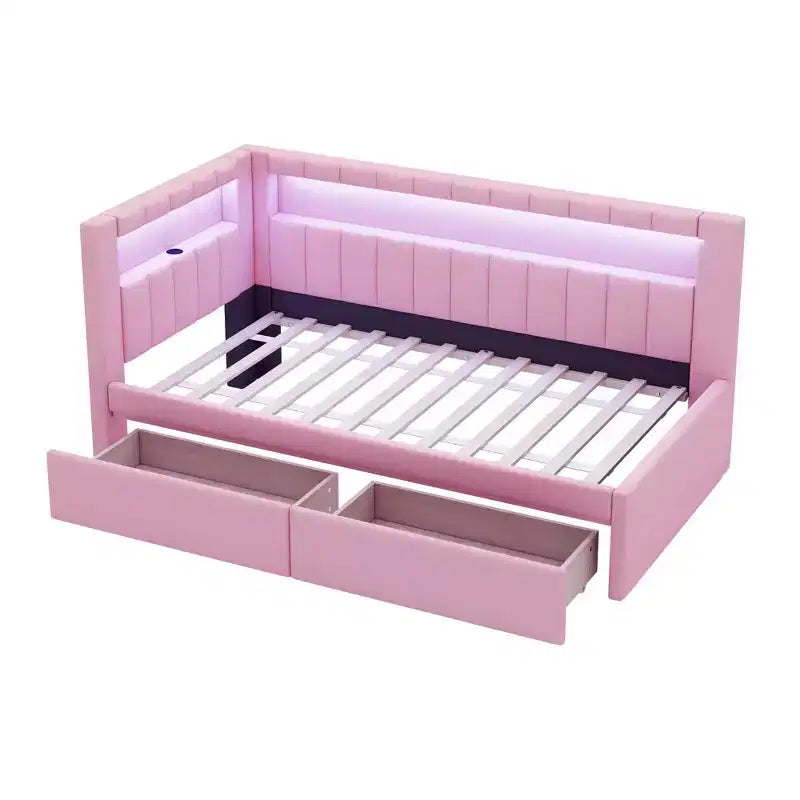 Lit de repos rembourré jumeau avec 2 tiroirs, cadre de lit de repos avec rangement, tête de lit en L, ports USB et LED