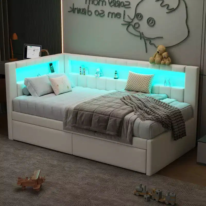Lit de repos rembourré jumeau avec 2 tiroirs, cadre de lit de repos avec rangement, tête de lit en L, ports USB et LED