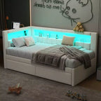 Lit de repos rembourré jumeau avec 2 tiroirs, cadre de lit de repos avec rangement, tête de lit en L, ports USB et LED
