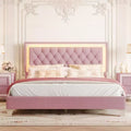 Velvet Upholstered LED Platform Bed, Queen Size Modern Platform Bed Frame with LED and Tufted Headboard