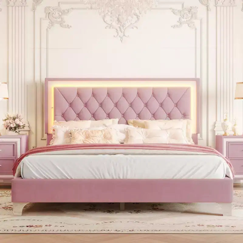 Velvet Upholstered LED Platform Bed, Queen Size Modern Platform Bed Frame with LED and Tufted Headboard