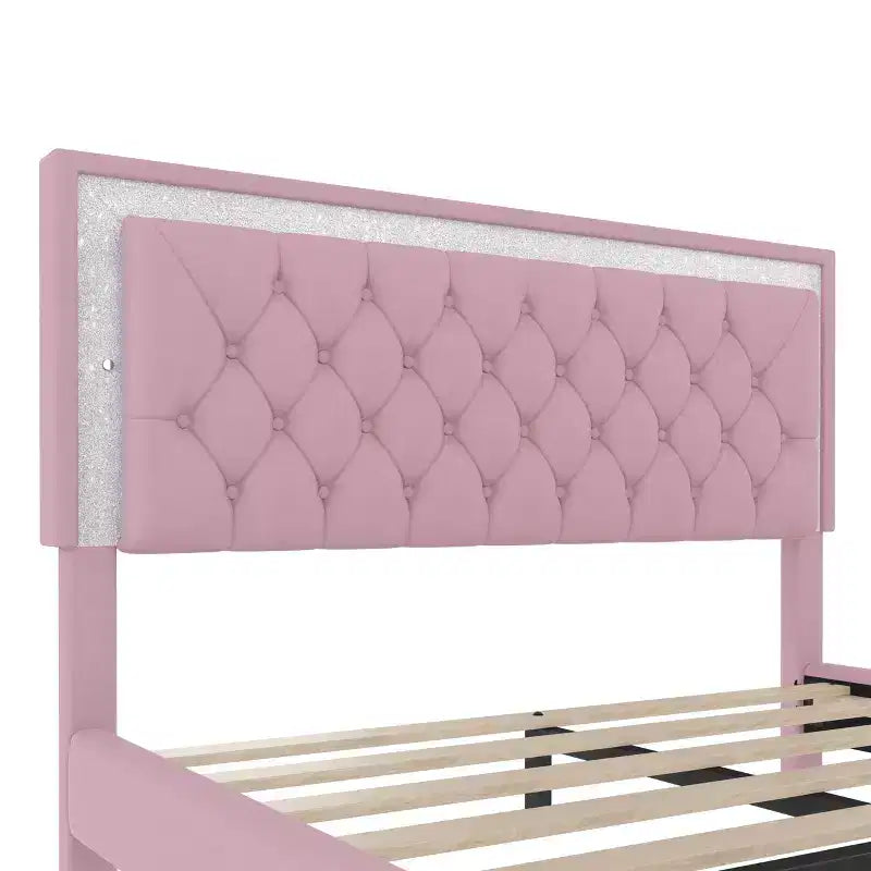 Lit plateforme capitonné en velours, lit plateforme moderne queen size avec LED et tête de lit capitonnée