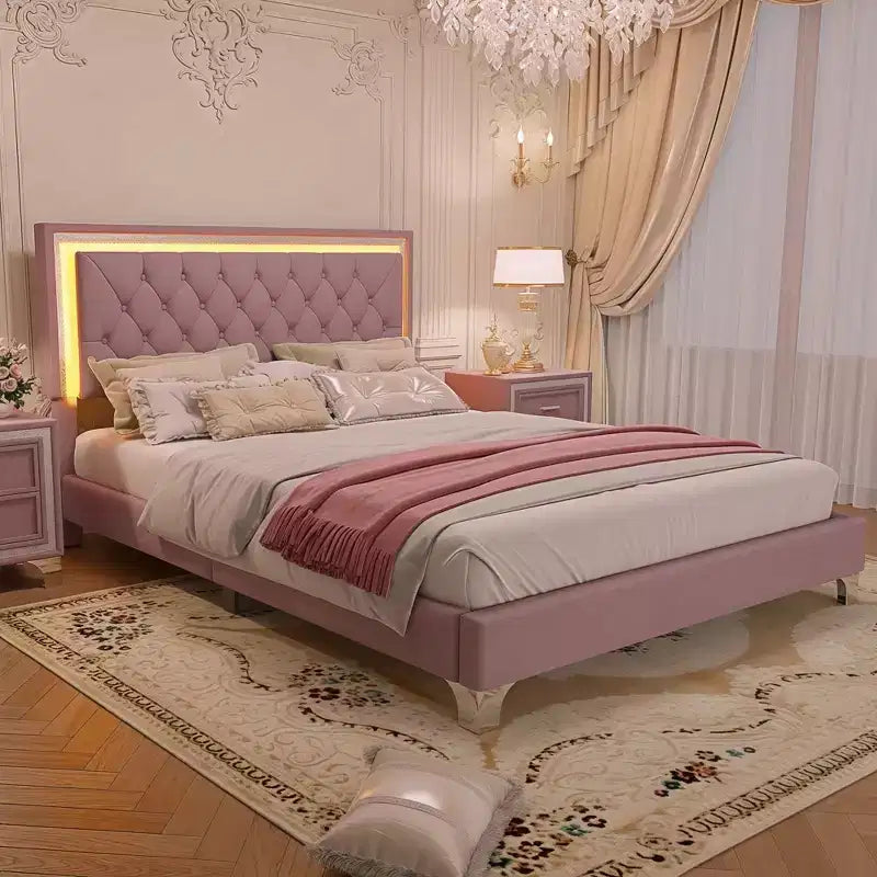 Lit plateforme capitonné en velours, lit plateforme moderne queen size avec LED et tête de lit capitonnée