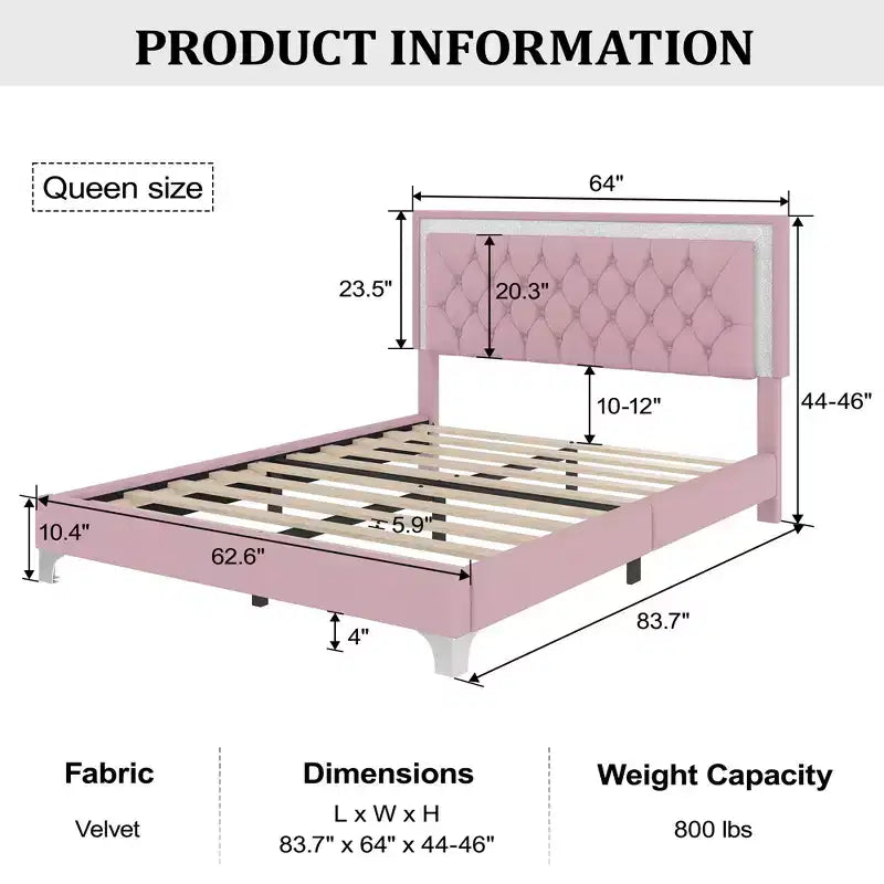 Lit plateforme capitonné en velours, lit plateforme moderne queen size avec LED et tête de lit capitonnée