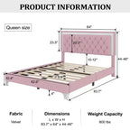 Lit plateforme capitonné en velours, lit plateforme moderne queen size avec LED et tête de lit capitonnée
