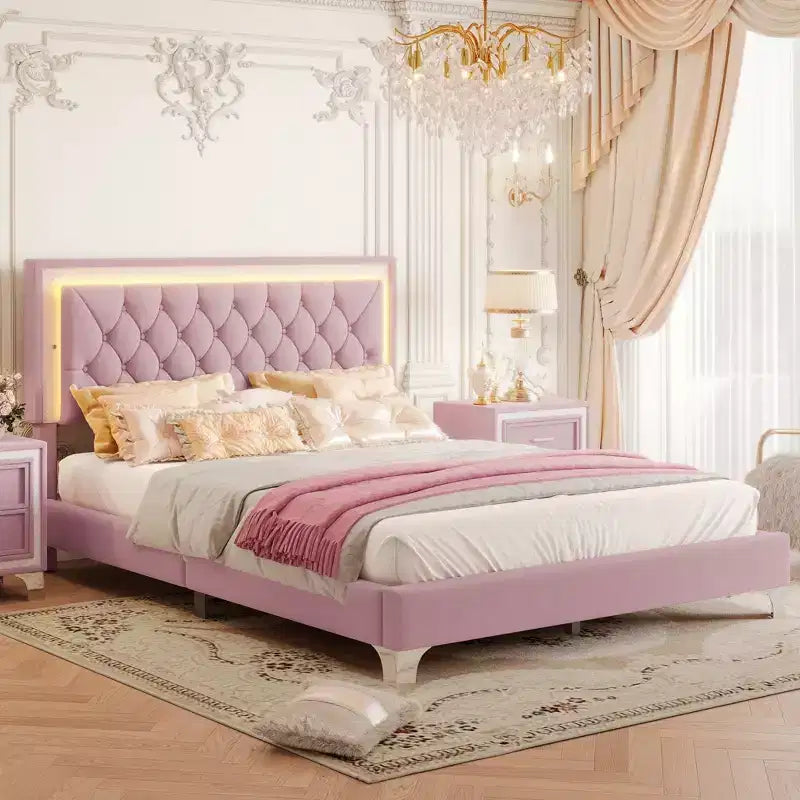 Lit plateforme capitonné en velours, lit plateforme moderne queen size avec LED et tête de lit capitonnée