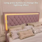Lit plateforme capitonné en velours, lit plateforme moderne queen size avec LED et tête de lit capitonnée