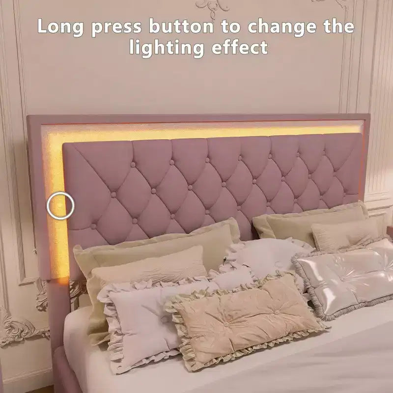 Lit plateforme capitonné en velours, lit plateforme moderne queen size avec LED et tête de lit capitonnée
