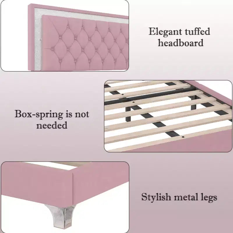 Lit plateforme capitonné en velours, lit plateforme moderne queen size avec LED et tête de lit capitonnée