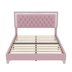 Lit plateforme capitonné en velours, lit plateforme moderne queen size avec LED et tête de lit capitonnée