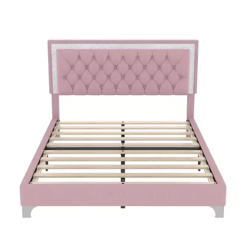 Lit plateforme capitonné en velours, lit plateforme moderne queen size avec LED et tête de lit capitonnée