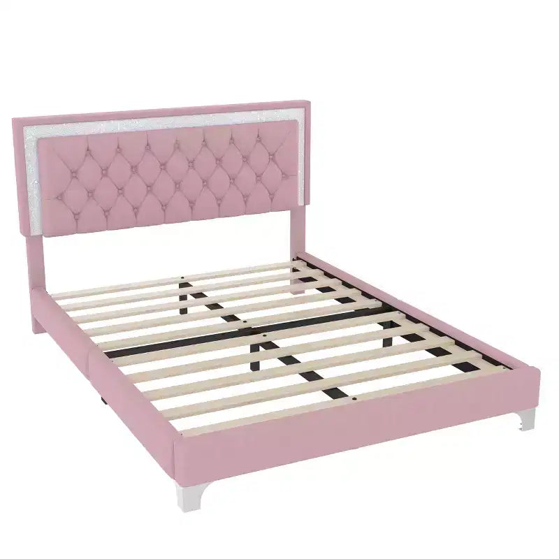 Lit plateforme capitonné en velours, lit plateforme moderne queen size avec LED et tête de lit capitonnée