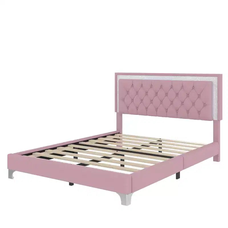 Lit plateforme capitonné en velours, lit plateforme moderne queen size avec LED et tête de lit capitonnée