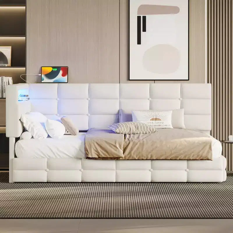 Lit de repos capitonné pour jumeaux avec 2 tiroirs et station de charge, coin en L avec lumières LED et tête de lit de rangement