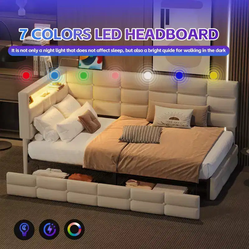 Lit de repos capitonné pour jumeaux avec 2 tiroirs et station de charge, coin en L avec lumières LED et tête de lit de rangement