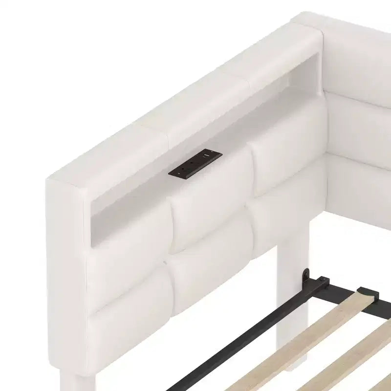 Lit de repos capitonné pour jumeaux avec 2 tiroirs et station de charge, coin en L avec lumières LED et tête de lit de rangement