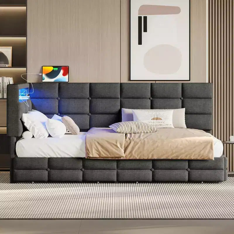 Lit de repos capitonné pour jumeaux avec 2 tiroirs et station de charge, coin en L avec lumières LED et tête de lit de rangement