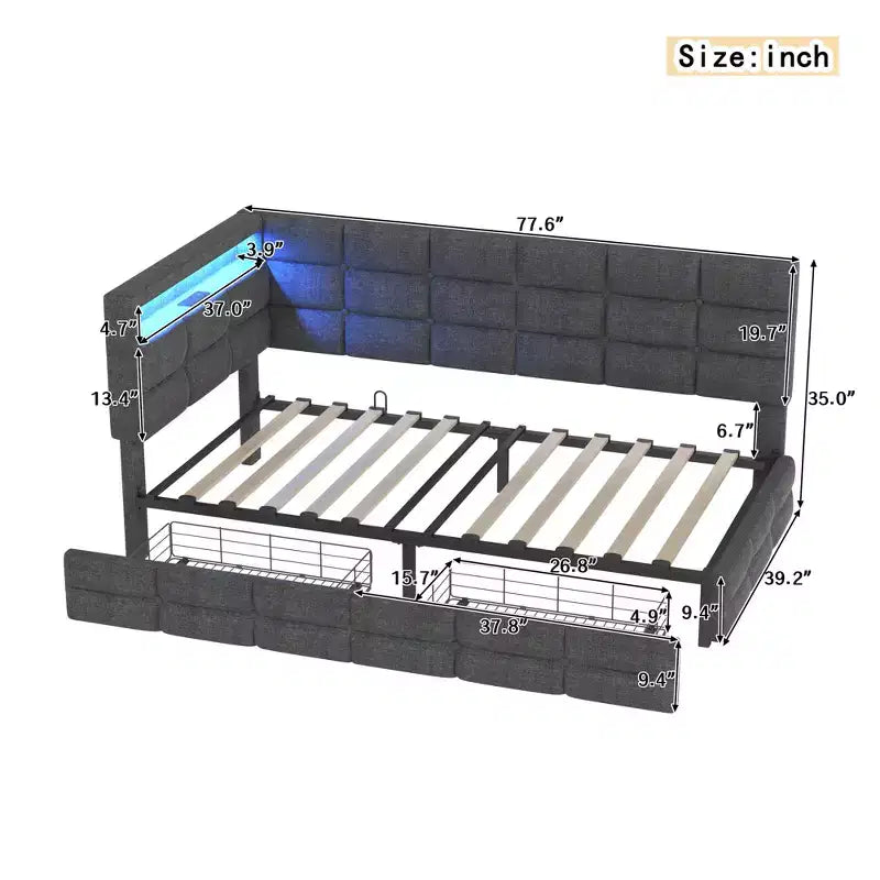 Lit de repos capitonné pour jumeaux avec 2 tiroirs et station de charge, coin en L avec lumières LED et tête de lit de rangement