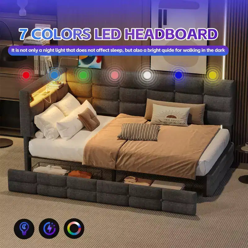 Lit de repos capitonné pour jumeaux avec 2 tiroirs et station de charge, coin en L avec lumières LED et tête de lit de rangement