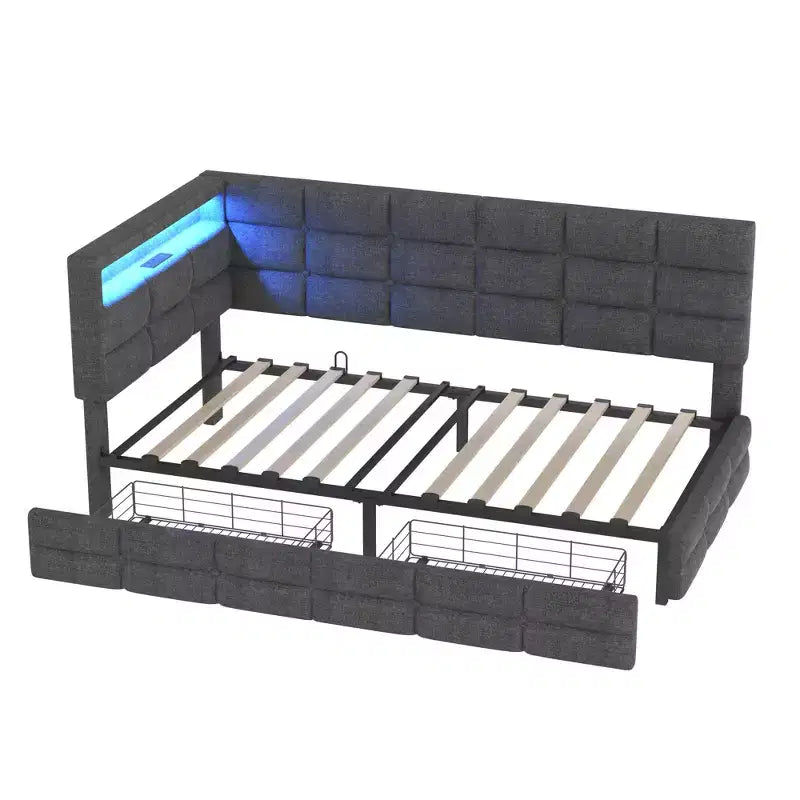 Lit de repos capitonné pour jumeaux avec 2 tiroirs et station de charge, coin en L avec lumières LED et tête de lit de rangement