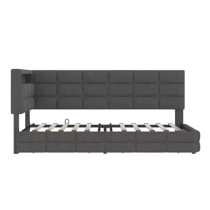 Lit de repos capitonné pour jumeaux avec 2 tiroirs et station de charge, coin en L avec lumières LED et tête de lit de rangement