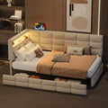 Lit de repos capitonné pour jumeaux avec 2 tiroirs et station de charge, coin en L avec lumières LED et tête de lit de rangement