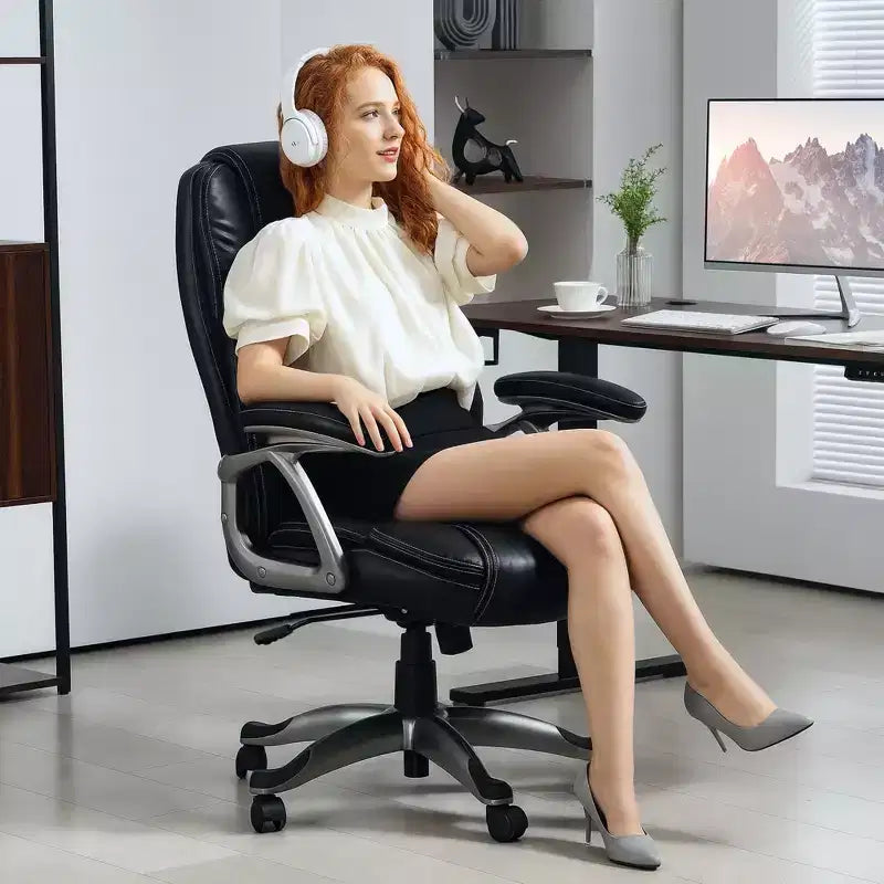 Chaise de bureau en cuir PU à dossier haut, chaise pivotante avec fonction d'inclinaison et hauteur réglable