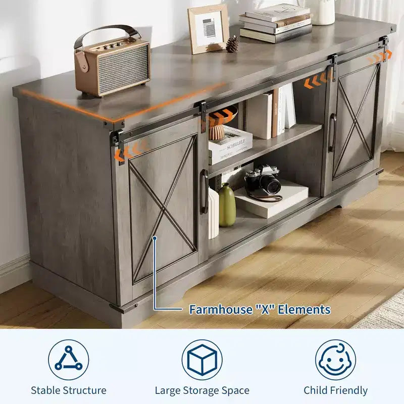 Meuble TV style ferme de 65 pouces avec portes coulissantes façon grange, centre de divertissement et console média pour salon ou chambre à coucher